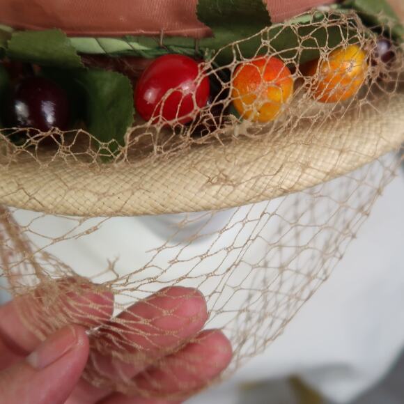 Vintage 50s Eva Mae Genuine Panama Straw Hat Fruit Net Veil main image 4
